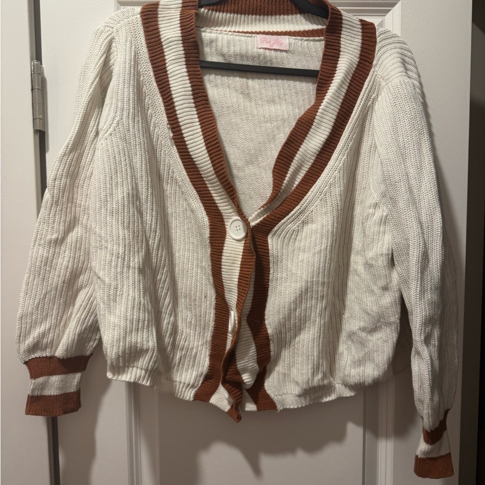 Pink Lily White and Brown Cardigan Sweater with Ribbed Trim